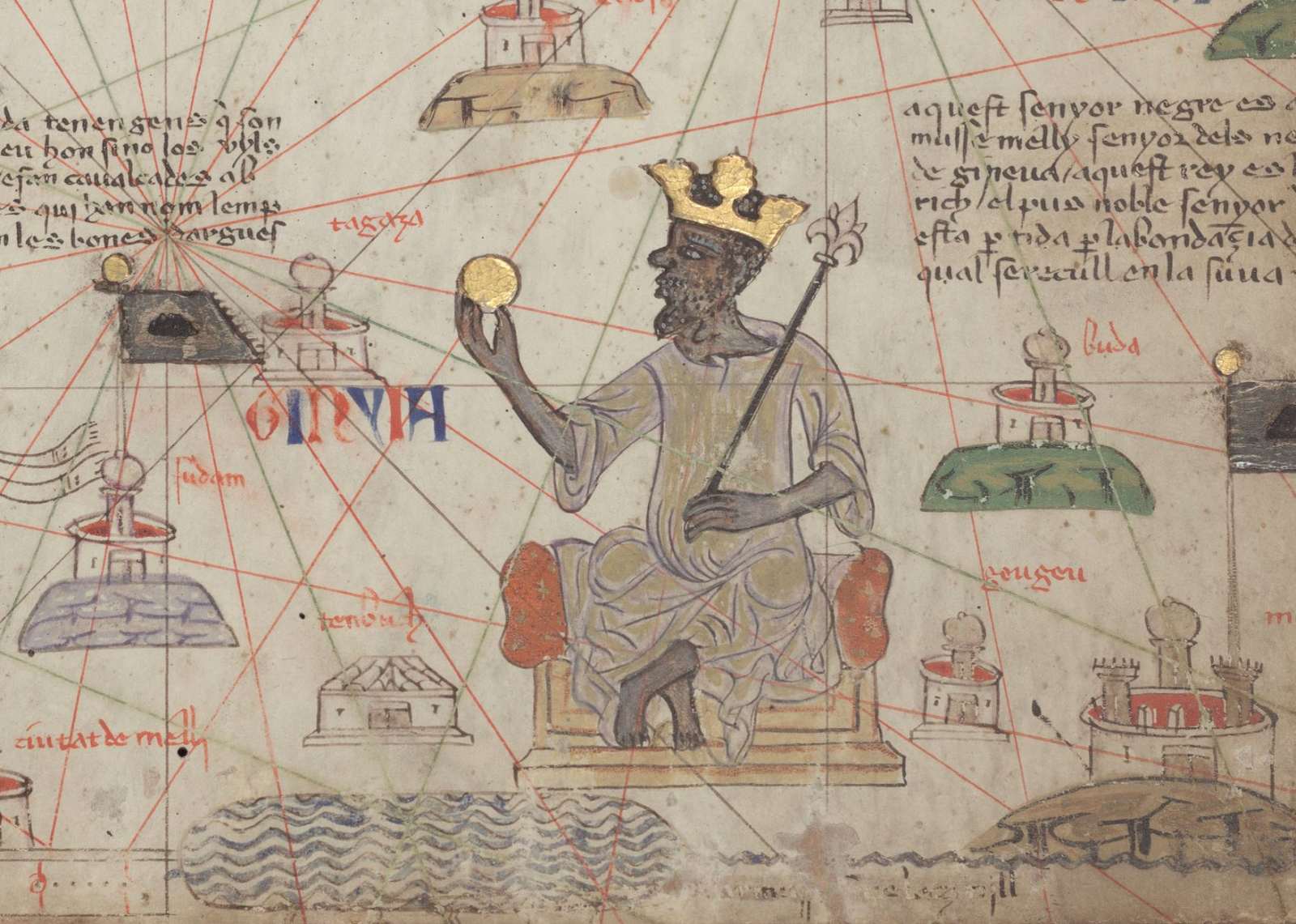 Catalan Atlas detail, 1375 — Mansa Musa enthroned, named and titled, gold in hand