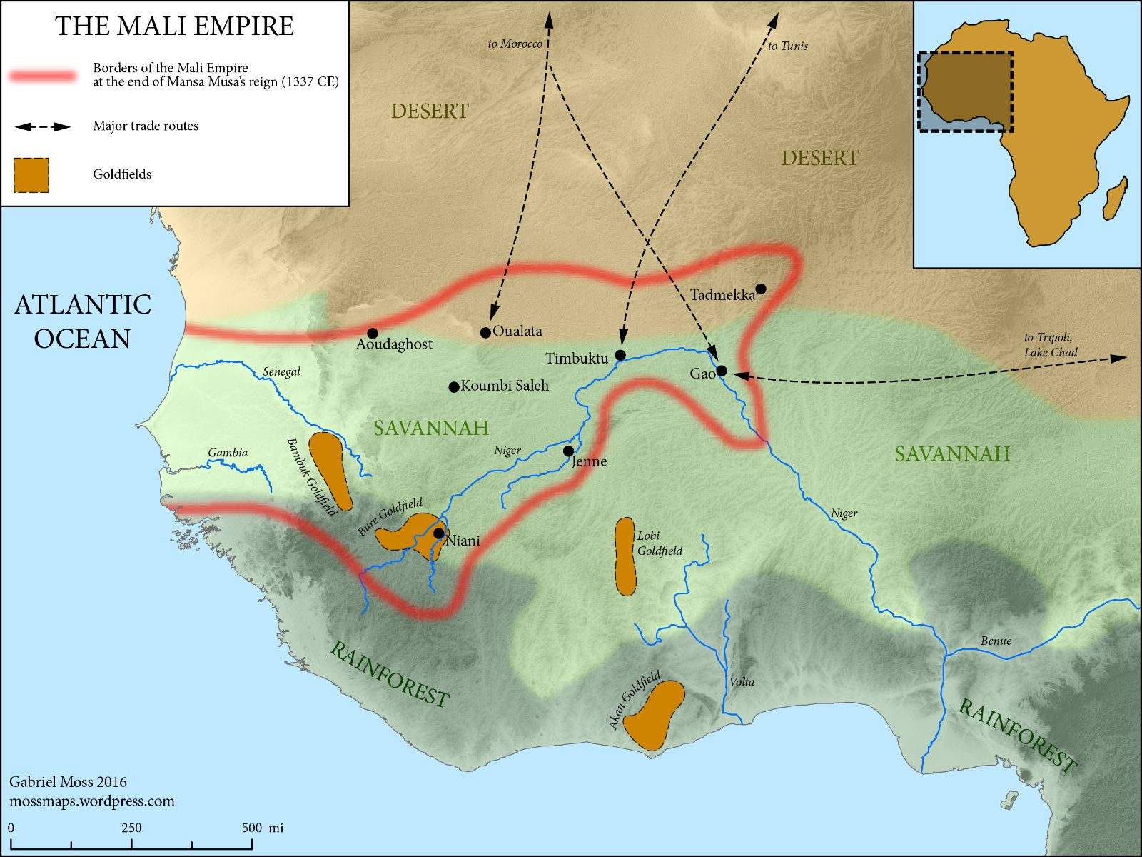 The Mali Empire at its height, mapped